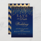 Stijlvolle Gold Confetti Stippen | Navy Blue Satin Save The Date (Voorkant / Achterkant)