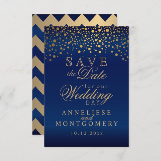 Stijlvolle Gold Confetti Stippen | Navy Blue Satin Save The Date (Voorkant / Achterkant)