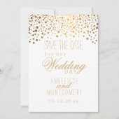 Stijlvolle Gold Confetti Stippen op wit Save The Date (Voorkant)