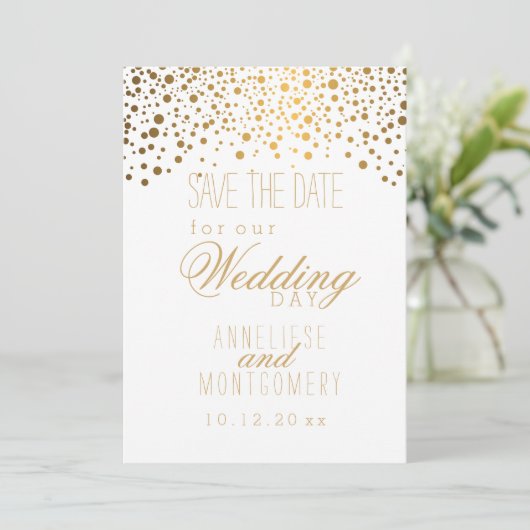 Stijlvolle Gold Confetti Stippen op wit Save The Date (Staand voorkant)
