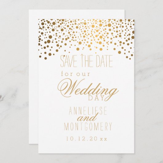 Stijlvolle Gold Confetti Stippen op wit Save The Date (Voorkant / Achterkant)