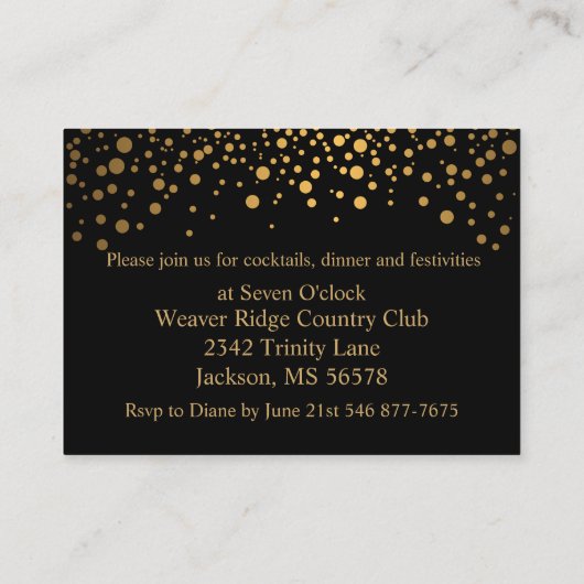 Stijlvolle Gold Confetti-Stippen op zwart Informatiekaartje (Achterkant)