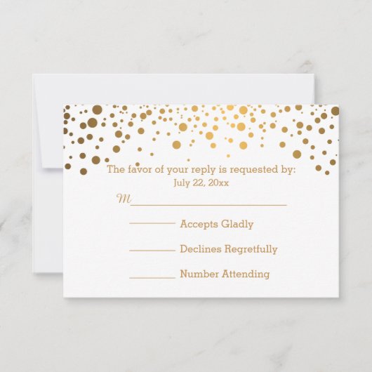 Stijlvolle Gold Confetti Stippen | wit RSVP Kaartje (Voorkant)