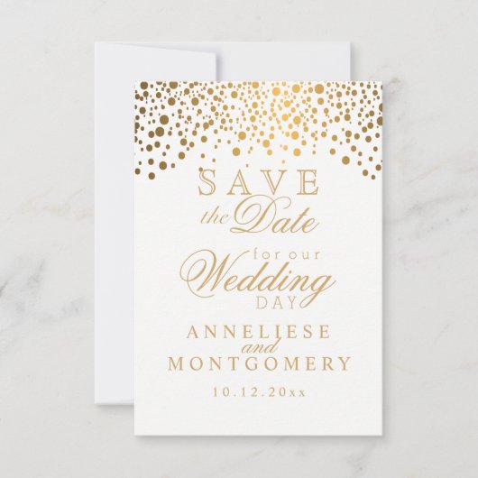 Stijlvolle Gold Confetti Stippen | wit Save The Date (Voorkant)