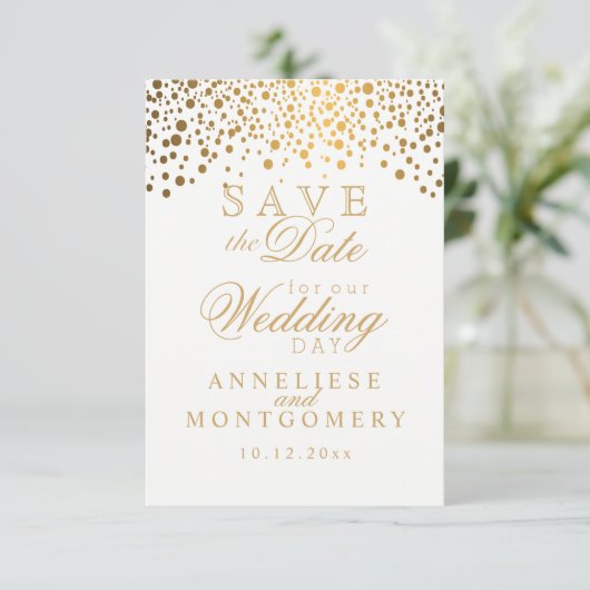 Stijlvolle Gold Confetti Stippen | wit Save The Date (Staand voorkant)