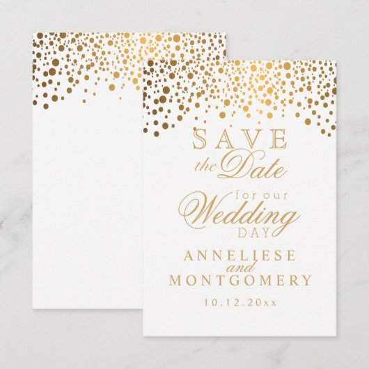 Stijlvolle Gold Confetti Stippen | wit Save The Date (Voorkant / Achterkant)