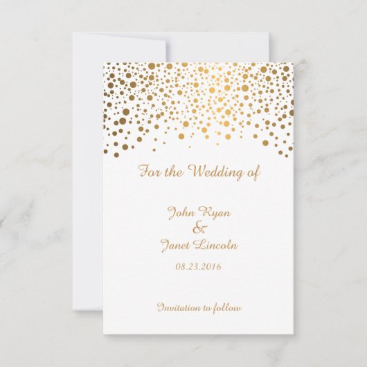 Stijlvolle Gold Confetti Stippen | Witte achtergro Save The Date (Voorkant)