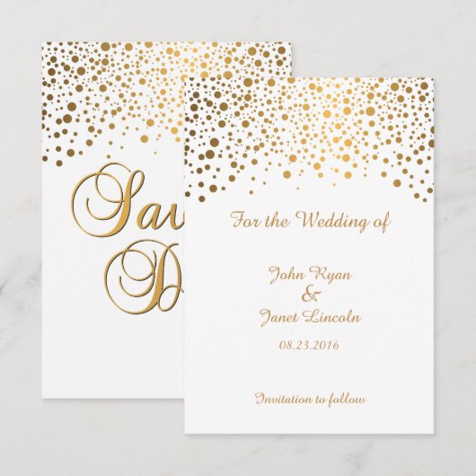 Stijlvolle Gold Confetti Stippen | Witte achtergro Save The Date (Voorkant / Achterkant)