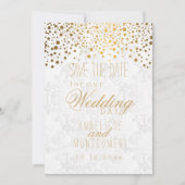 Stijlvolle Gold Confetti Stippen | Witte textuur Save The Date (Voorkant)