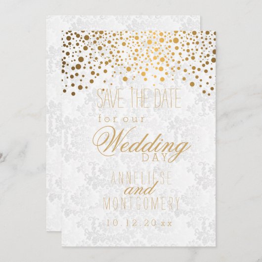 Stijlvolle Gold Confetti Stippen | Witte textuur Save The Date (Voorkant / Achterkant)