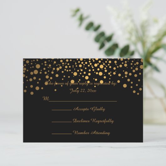 Stijlvolle Gold Confetti Stippen | Zwart RSVP Kaartje (Staand voorkant)