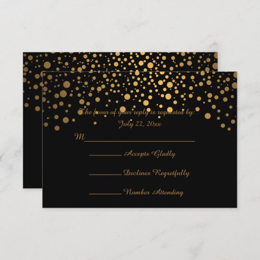 Stijlvolle Gold Confetti Stippen | Zwart RSVP Kaartje (Voorkant / Achterkant)