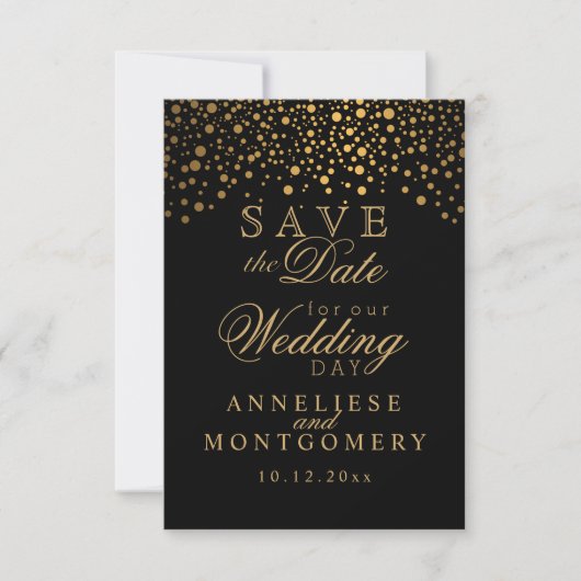 Stijlvolle Gold Confetti Stippen | Zwart Save The Date (Voorkant)