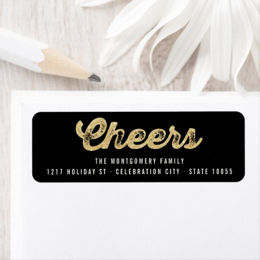Stijlvolle Gold Glitter Cheers Holiday Adresetiket Etiket (Insitu)