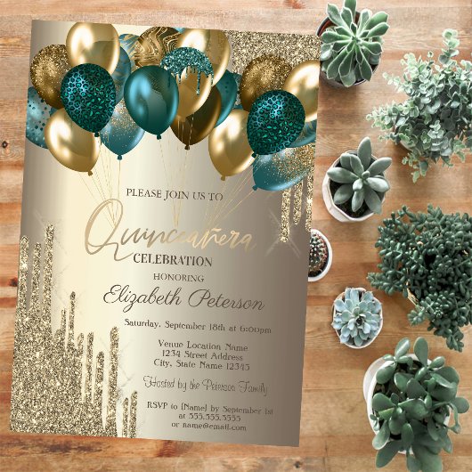Stijlvolle Gold Glitter Drivers Balloons Quinceañe Kaart