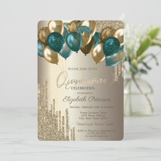 Stijlvolle Gold Glitter Drivers Balloons Quinceañe Kaart (Staand voorkant)