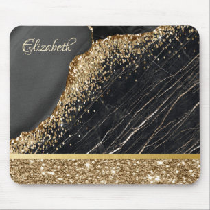 Stijlvolle Gold Glitter Sequins Black Marble Muismat
