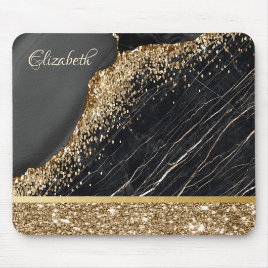 Stijlvolle Gold Glitter Sequins Black Marble Muismat (Voorkant)