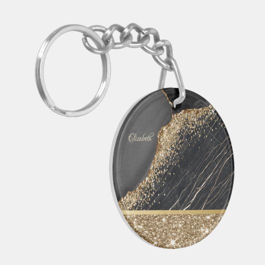 Stijlvolle Gold Glitter Sequins Black Marble Sleutelhanger (Voorkant Links)