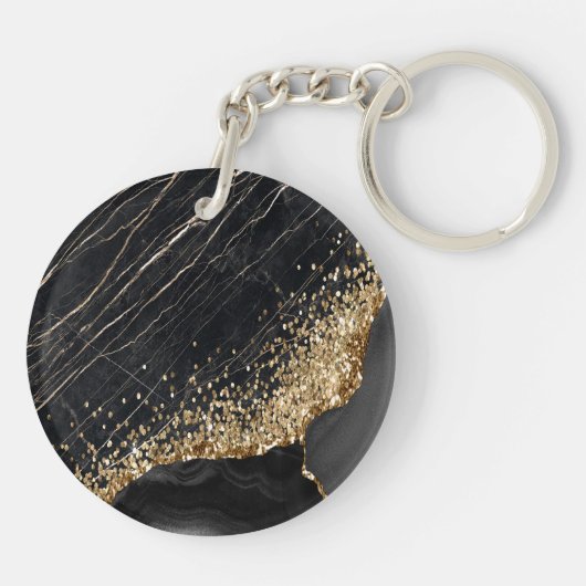 Stijlvolle Gold Glitter Sequins Black Marble Sleutelhanger (Achterkant)