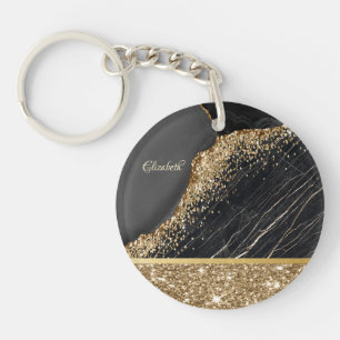 Stijlvolle Gold Glitter Sequins Black Marble Sleutelhanger