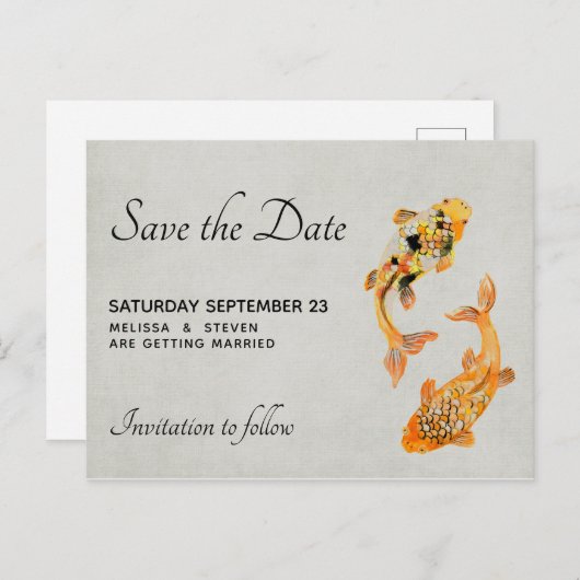 Stijlvolle Gold Koi Fish Save the Date Uitnodiging Briefkaart (Voorkant / Achterkant)