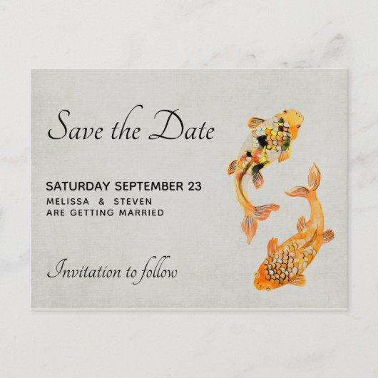 Stijlvolle Gold Koi Fish Save the Date Uitnodiging Briefkaart (Voorkant)