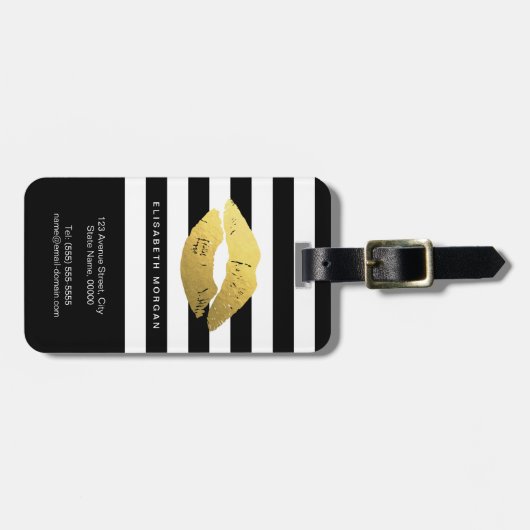 Stijlvolle Gold Lips met klassieke zwarte strepen Bagagelabel (Voorkant horizontaal)