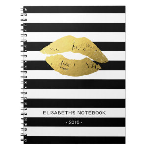 Stijlvolle Gold Lips met klassieke zwarte strepen Notitieboek