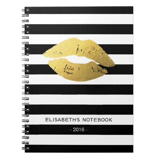 Stijlvolle Gold Lips met klassieke zwarte strepen Notitieboek (Voorkant)