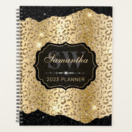 Stijlvolle Gold-luipaard Spot en zwart Glitter Mon Planner (Voorkant)