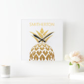 Stijlvolle Gold Pineapple White Familienaam Vierkante Klok (Huis)