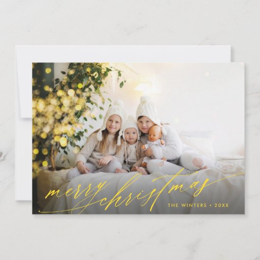 Stijlvolle Gold Script Merry-kerstfoto Feestdagenkaart (Voorkant)