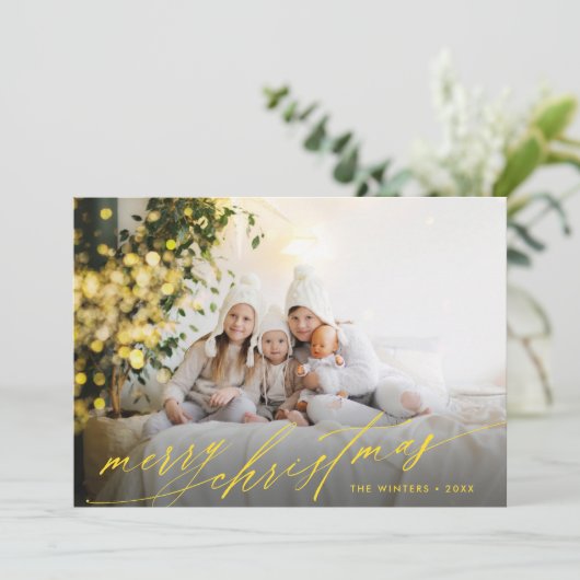 Stijlvolle Gold Script Merry-kerstfoto Feestdagenkaart (Staand voorkant)