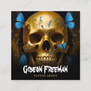 Stijlvolle Gold Skull Butterflies Tattoo Artist Vierkante Visitekaartje