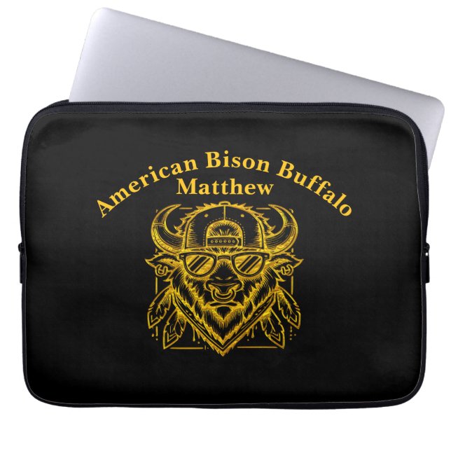 Stijlvolle Golden Bison met zonnebril en Pet Laptop Sleeve (Voorkant)