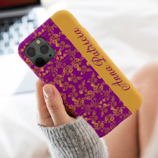 Stijlvolle Golden Damask werveling bloemen op paar Case-Mate iPhone Case