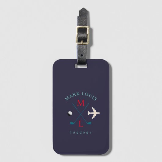 Stijlvolle Golfer Travel Logo Monogram Indigo-Blau Bagagelabel (Voorkant (verticaal))
