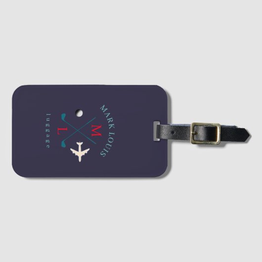 Stijlvolle Golfer Travel Logo Monogram Indigo-Blau Bagagelabel (Voorkant (horizontaal))
