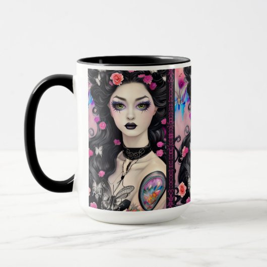 Stijlvolle Gothic Tattoo Meisje Zwart en Roze Mok (Links)