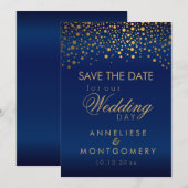 Stijlvolle goudConfetti-Stippen op marineblauw sat Save The Date (Voorkant / Achterkant)