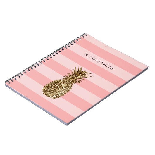Stijlvolle gouden anananas en roze streep notitieboek (Linkerzijde)