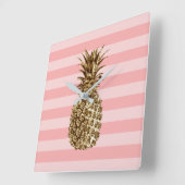 Stijlvolle  gouden anananas en roze streep vierkante klok (Hoek)