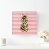 Stijlvolle  gouden anananas en roze streep vierkante klok (Huis)
