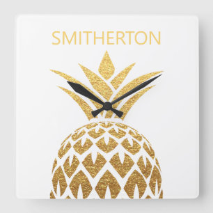 Stijlvolle gouden ananas witte familienaam vierkante klok