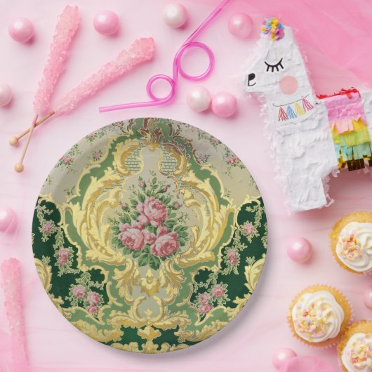 Stijlvolle Gouden Barok Rococo Roze Rozen Bruiloft Papieren Bordje (Feest)