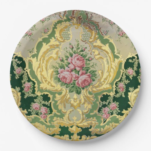 Stijlvolle Gouden Barok Rococo Roze Rozen Bruiloft Papieren Bordje (Voorkant)