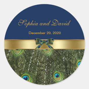 Stijlvolle Gouden Blauwe Pauw Trouw Monogram Ronde Sticker