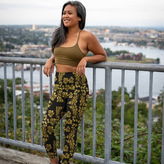 Stijlvolle  gouden bloemenprint op zwart leggings