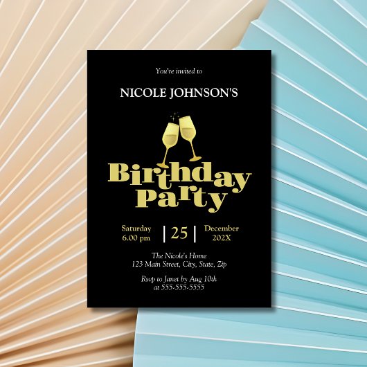 Stijlvolle gouden champagne zwarte verjaardagsfees kaart